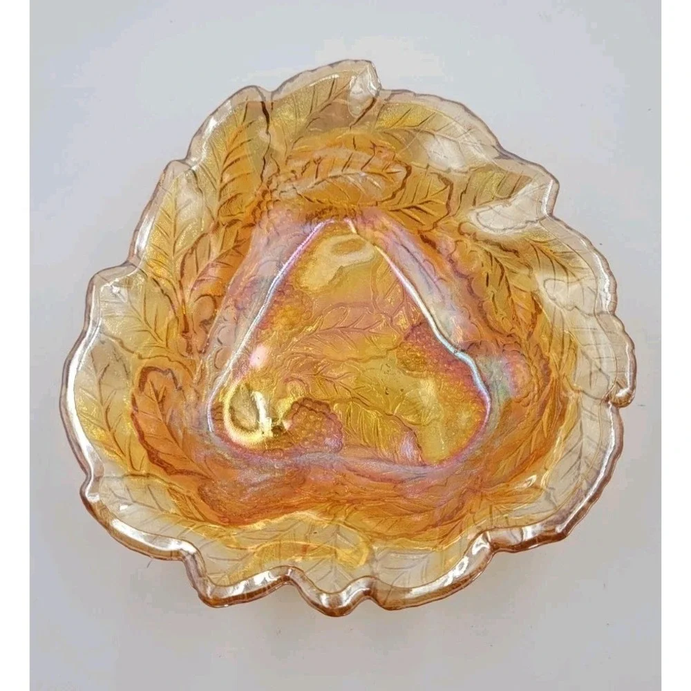 Vintage 70s Marigold Indiana Carnival Glass Iridescent Grapes & Leaves Bowl Dish